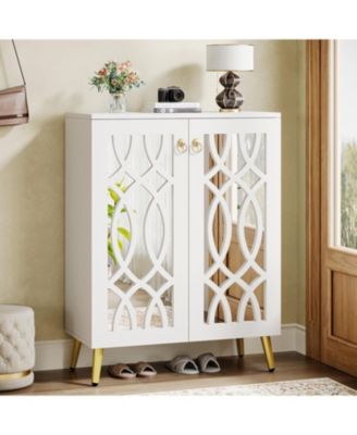 Mirrored Shoe Cabinet, 5-Tier White Modern Shoe Organizer Cabinet with Doors, Wooden Freestanding 25-Pair Shoe Rack Closet Storage Cabinet