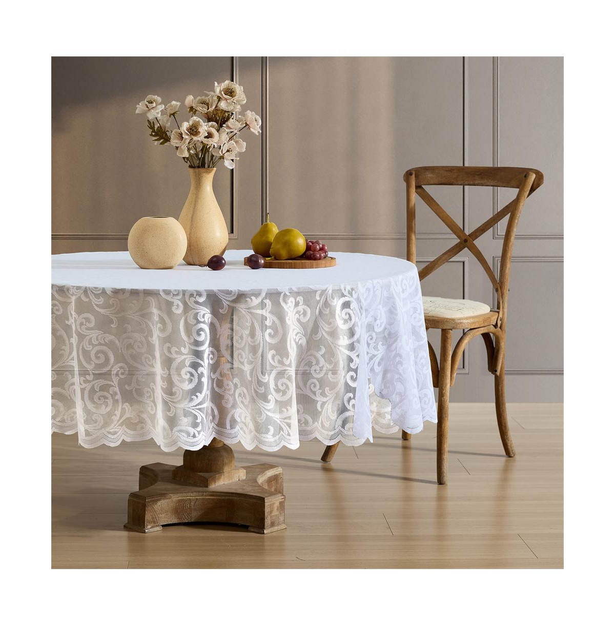 Scroll Lace Fabric Tablecloth, Lace Fabric Table Cloth Round Tables, Wrinkle Resistant Tablecloth, Patterned Scalloped Tablecloth - White