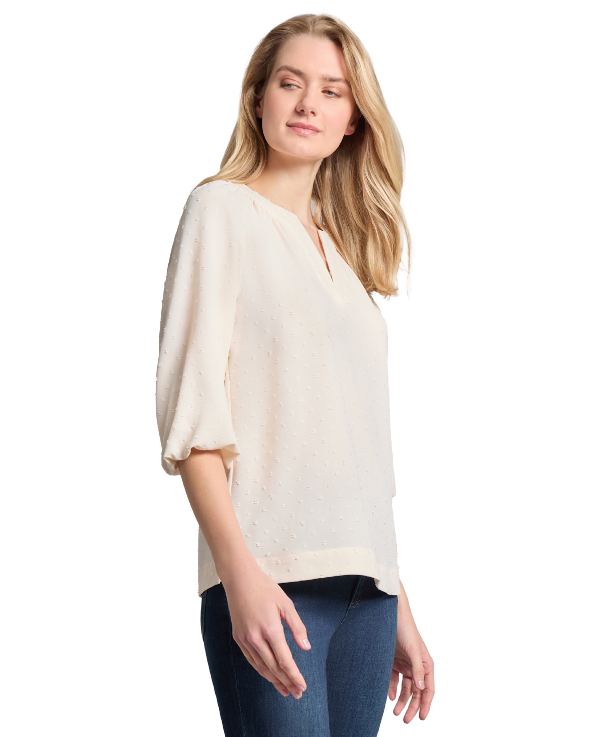 Jones New York Women's 3 Quarter Sleeve Notch Neck Popover Dotted Blouse