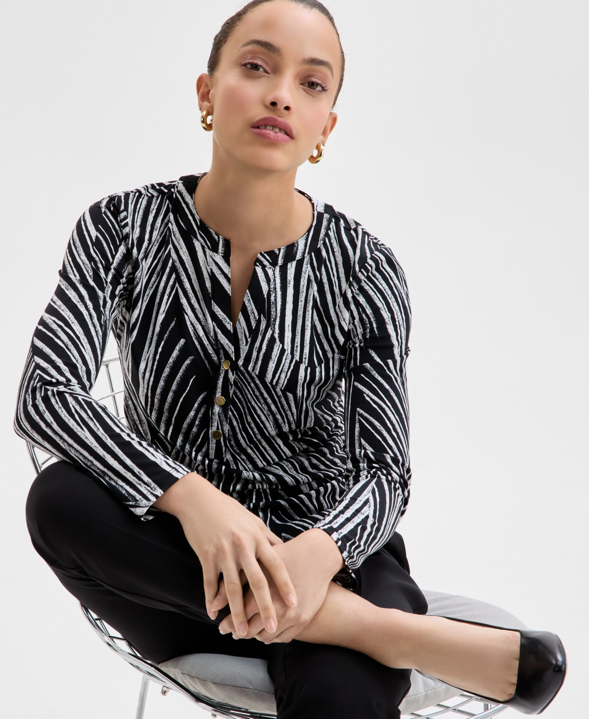 Inc International Concepts Petite Printed Button-front Top, Exclusively At Macy's In Pia Stripe