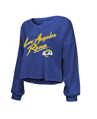 Threads Women's Puka Nacua Royal Los Angeles Rams Off-Shoulder Script Player Name Number Cropped Long Sleeve V-Neck T-Shirt
