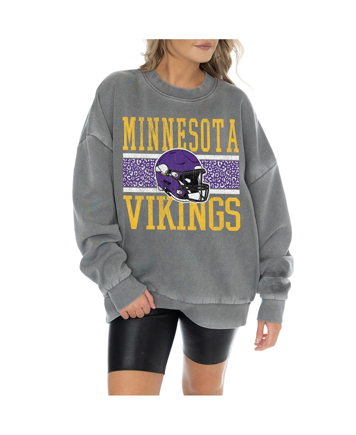 Women's Gray Minnesota Vikings Vintage Wash Oversized Crewneck Fleece Pullover - Gray