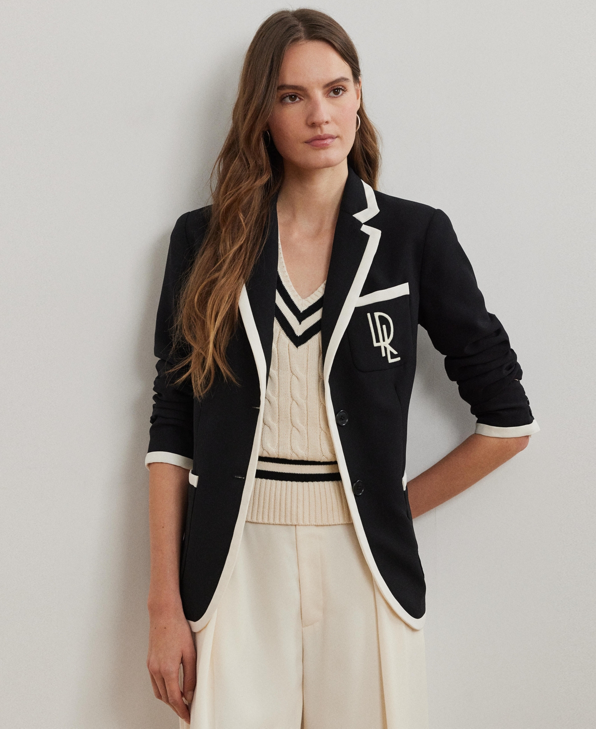 Shop Ralph Lauren Women's Two-tone Georgette Blazer In Black,mascarpone Cream