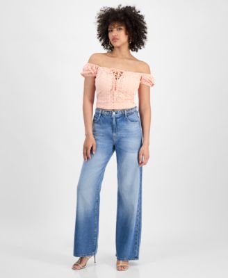 GUESS - Women's Braided-Waist Wide-Leg High-Rise Jeans