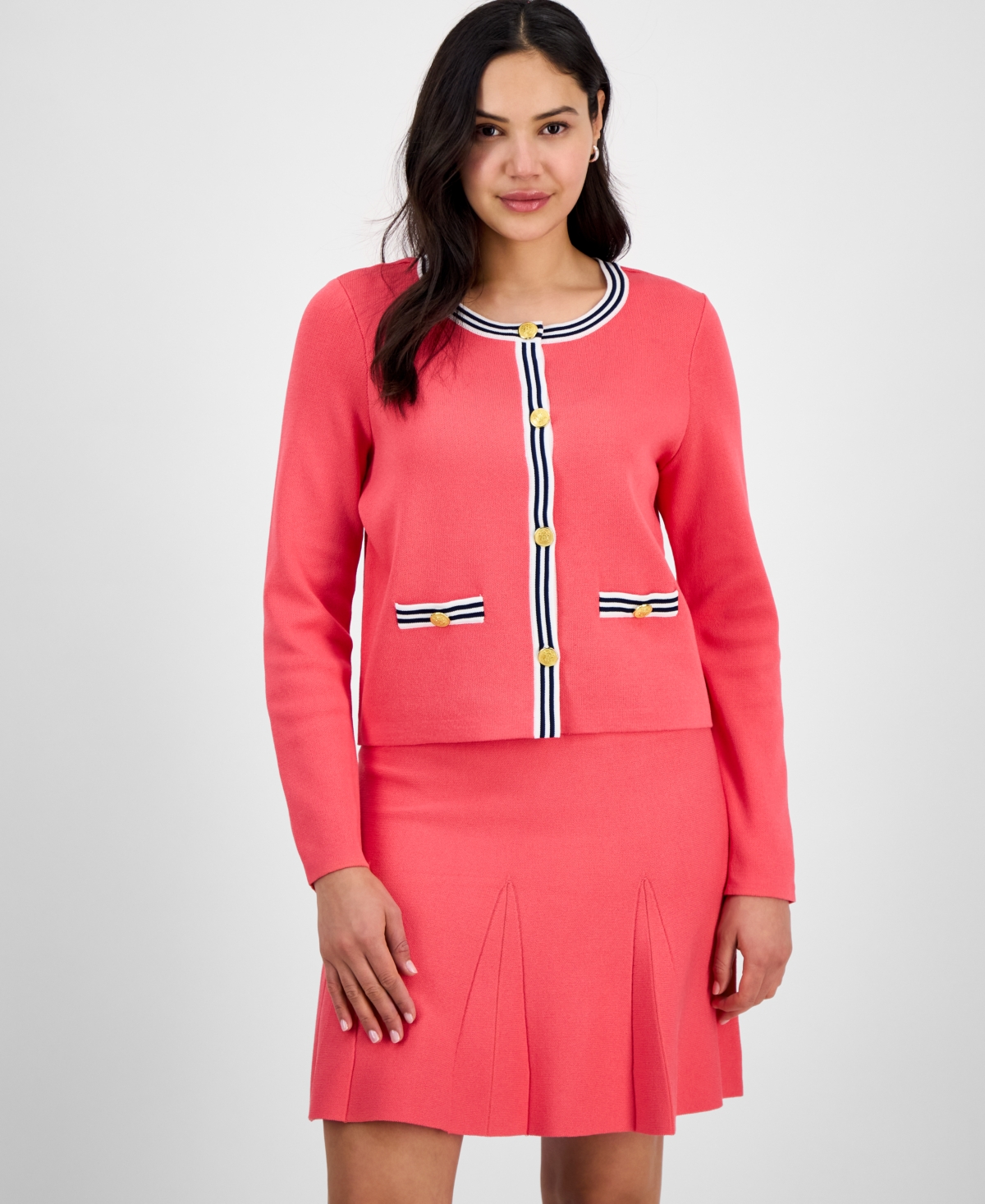 Women's Striped-Trim Long-Sleeve Cardigan - Sunset Navy Ivory