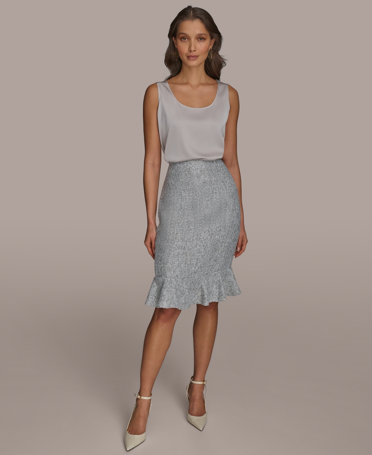 Shop Donna Karan Women's Tweed Ruffle Hem Skirt, Regular & Petite In Limestone Multi