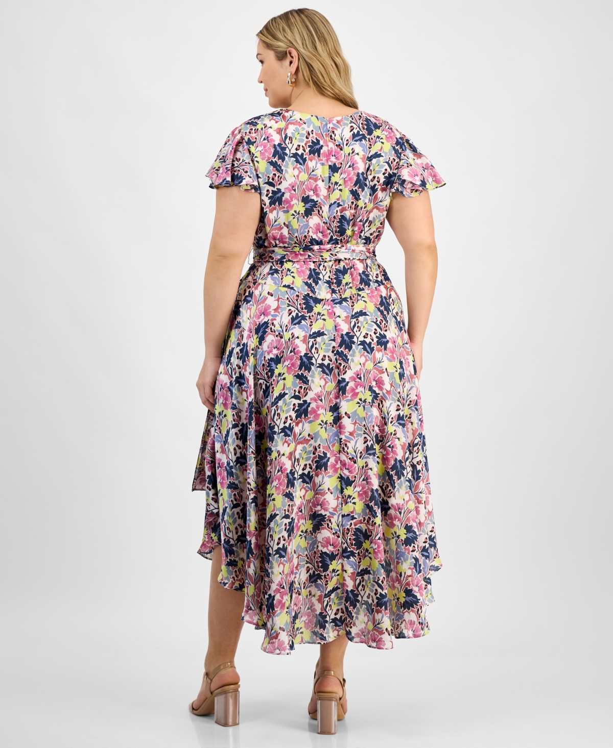 Vince Camuto Floral Flutter Sleeve Asymmetric Midi Dress In Violet Blush