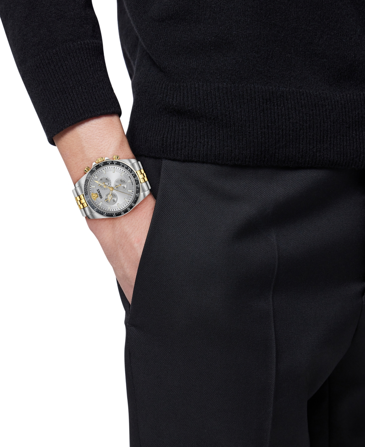 Versace Men's Swiss Chronograph Greca Chrono Wave Two-tone Stainless Steel Bracelet Watch 43mm In Two Tone