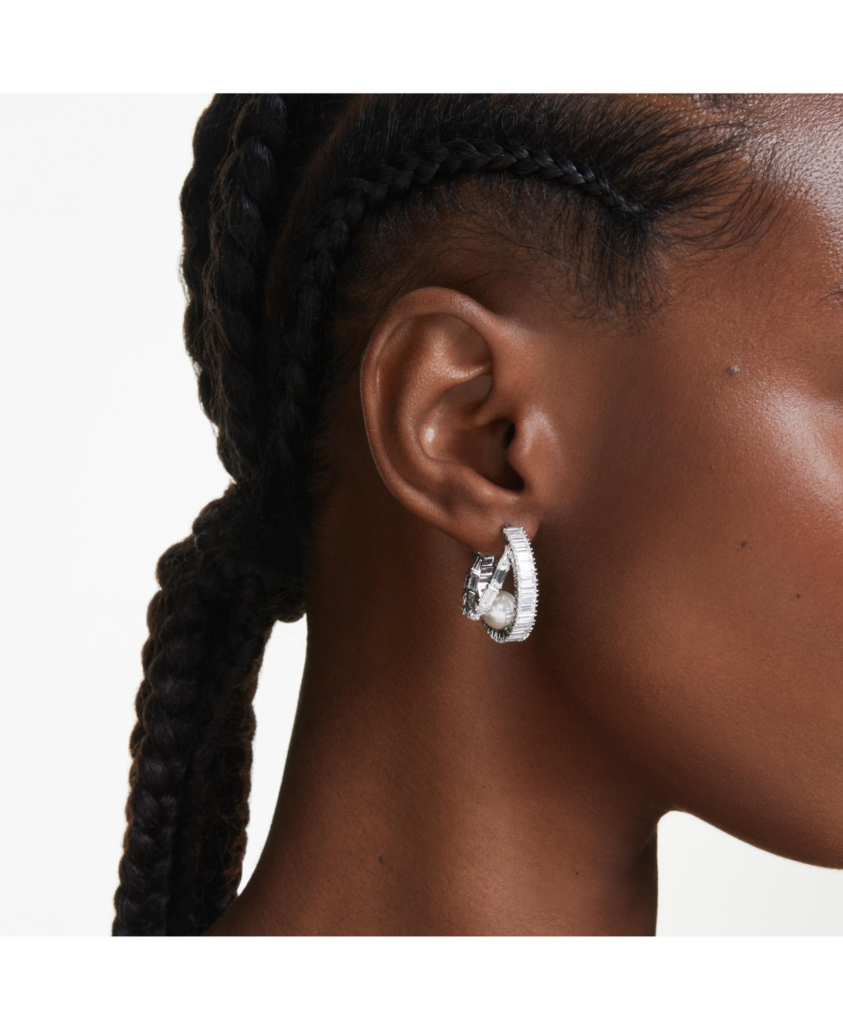 Swarovski Baguette Cut White Rhodium Plated Hoop Earrings In White