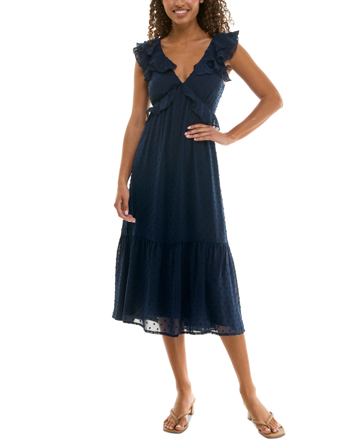 Juniors' Clip-Dot Flutter-Sleeve Midi Dress - Navy