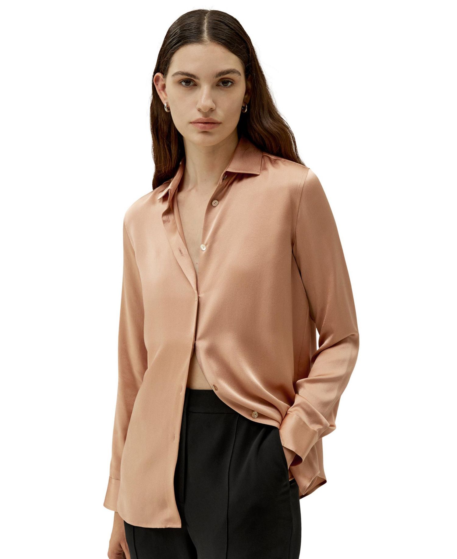 Women's Minimalist Placket Silk Blouse with Shell Buttons
