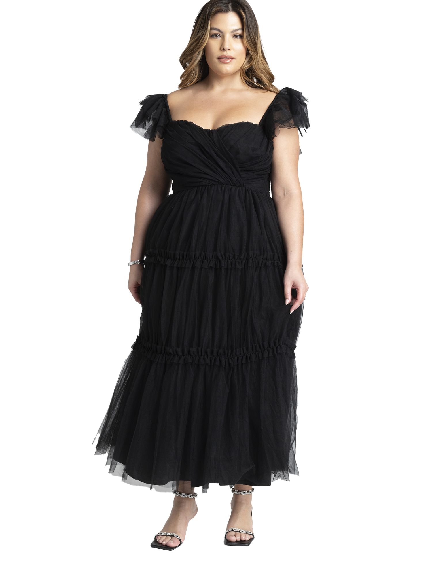 Women's Flutter-Sleeve Tulle Midi Dress