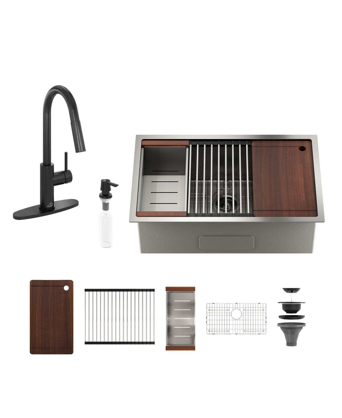 36'' Stainless Steel Kitchen Sink Faucet Set, Kitchen Sink and Pull-Down Kitchen Faucet with Cutting Board, Roller Blind, Drain Basket, Drain Grid and