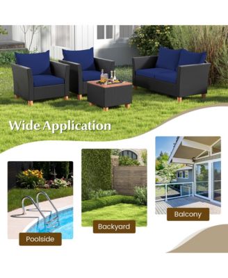 4 PCS Wicker Patio Furniture Set w/ Removable Cushions Storage Coffee Table