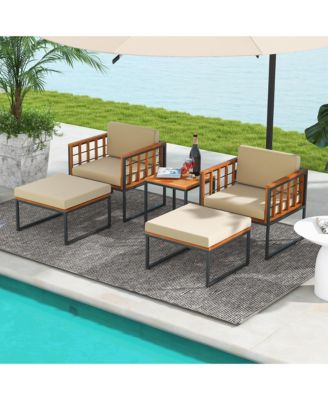 5 PCS Acacia Wood Patio Furniture Set w/ Ottomans Soft Cushions & Coffee Table