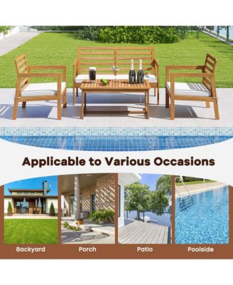 4 PCS Wood Patio Furniture Set w/ Soft Seat Cushions Solid Acacia Wood Frame