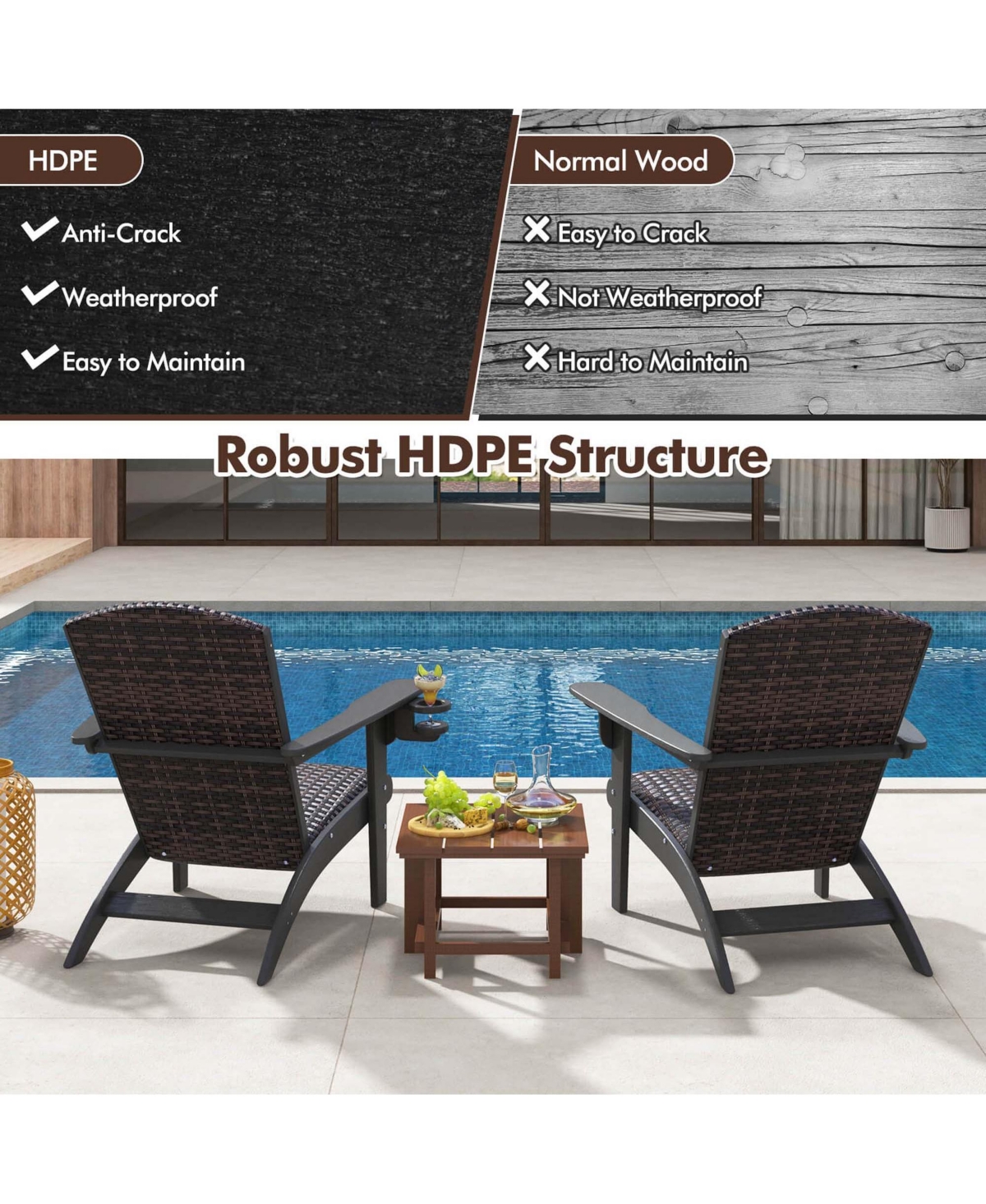 Patio Adirondack Chair with Rattan Padded Seat Wide Armrests & Hidden Cupholder