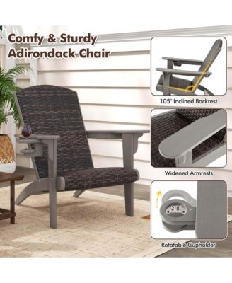 Patio Adirondack Chair with Rattan Padded Seat Wide Armrests & Hidden Cupholder
