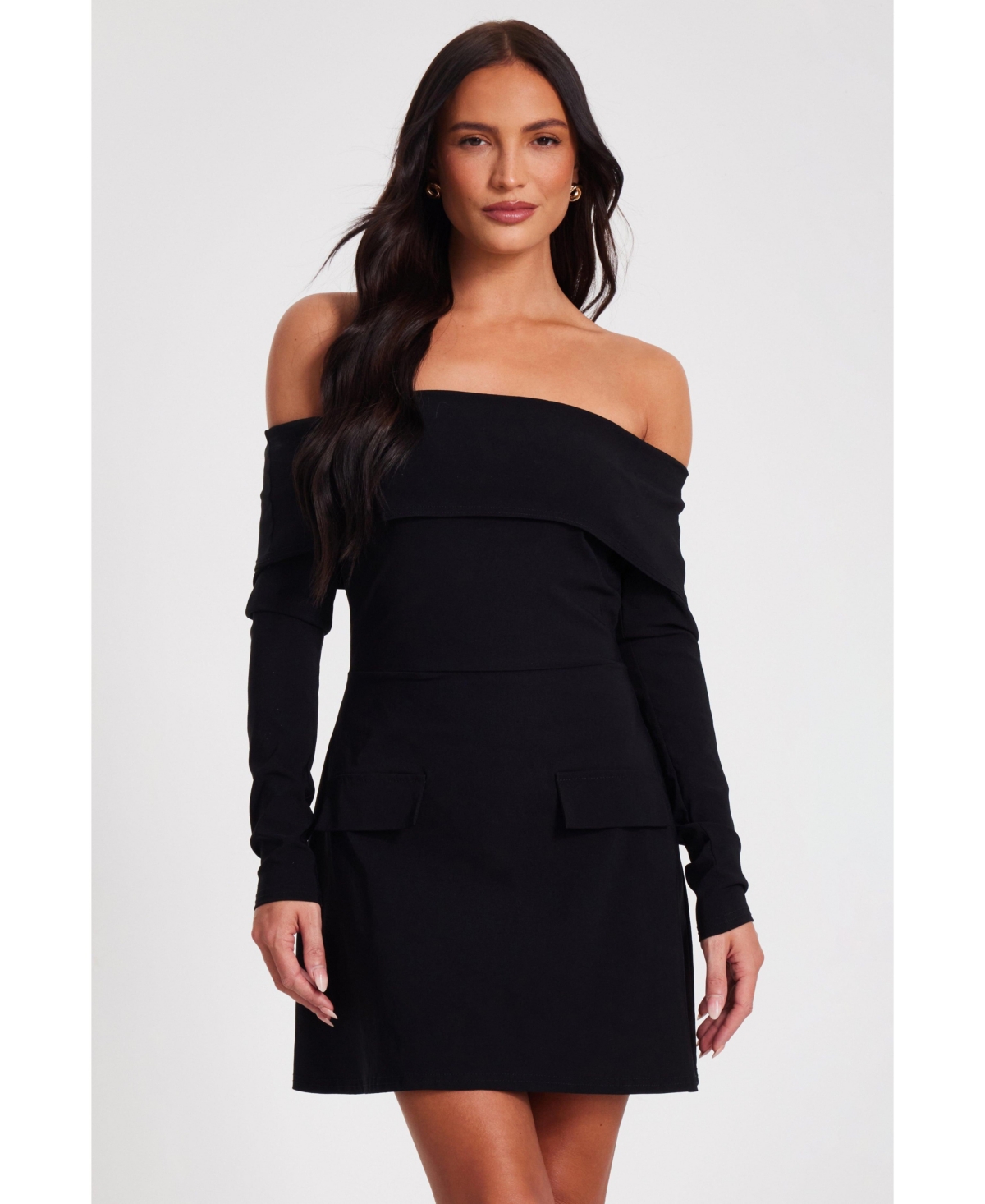 Women's Long Sleeve Bengaline Mini Dress - Black