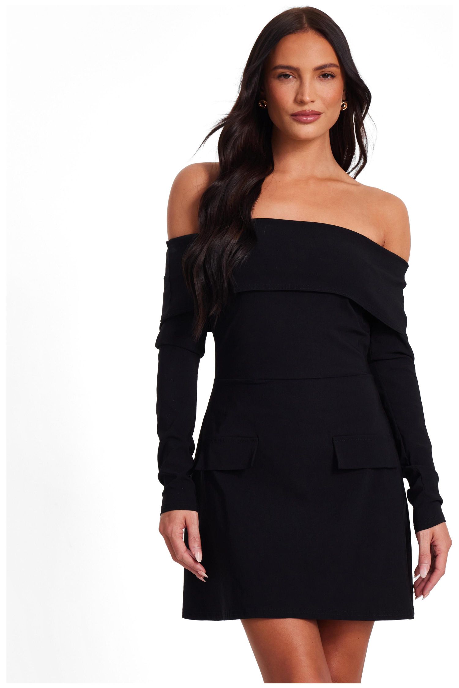 Women's Bengaline Bardot Long Sleeve Mini Dress
