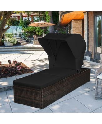 2PCS Patio Rattan Lounge Chair Chaise Cushion Canopy Adjustable Tea Table