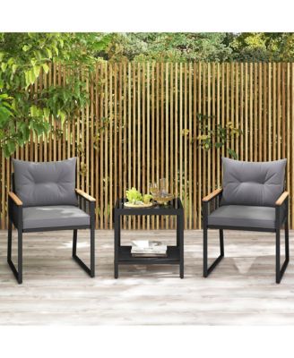3 PCS Patio Furniture Set PE Rattan Wicker Chairs w/ 2 Tier Coffee Table Soft Back