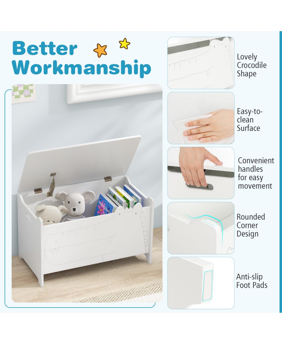 Kids Toy Box with Safety Hinge for Secure Storage and Easy Access to Toys