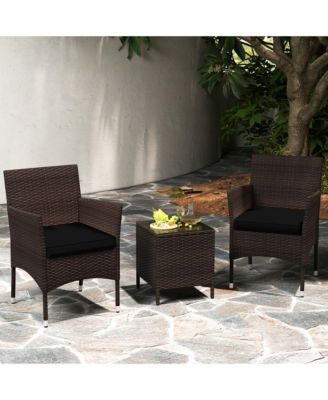 3 PCS Outdoor Conversation Set with Cushioned Seat & Tempered Glass Tabletop