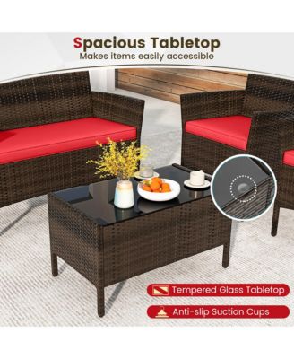 4 PCS Patio Furniture Set w/Washable Cushions & Tempered Glass Coffee Table