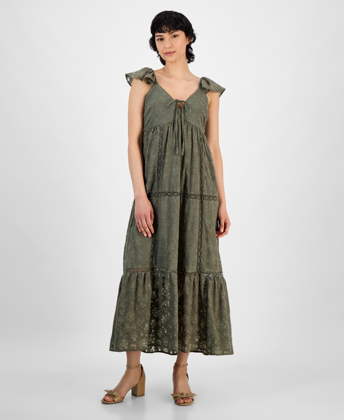 And Now This Women's Empire-waist Crochet-trim Maxi Dress, Regular & Petites, Exclusively At Macy's In Crushed Oregano