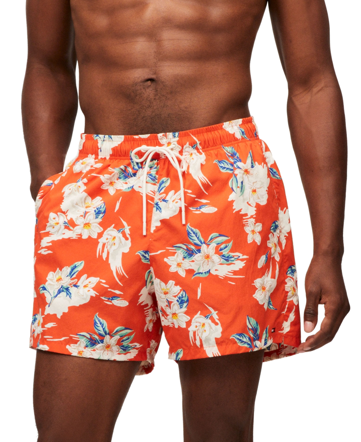 Tommy Hilfiger Men's Print Drawstring 5" Swim Trunks In Tropical Floral Brilliant Orange