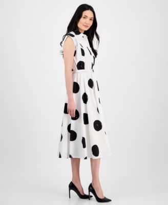 Women's Dot-Print Belted Fit & Flare Dress