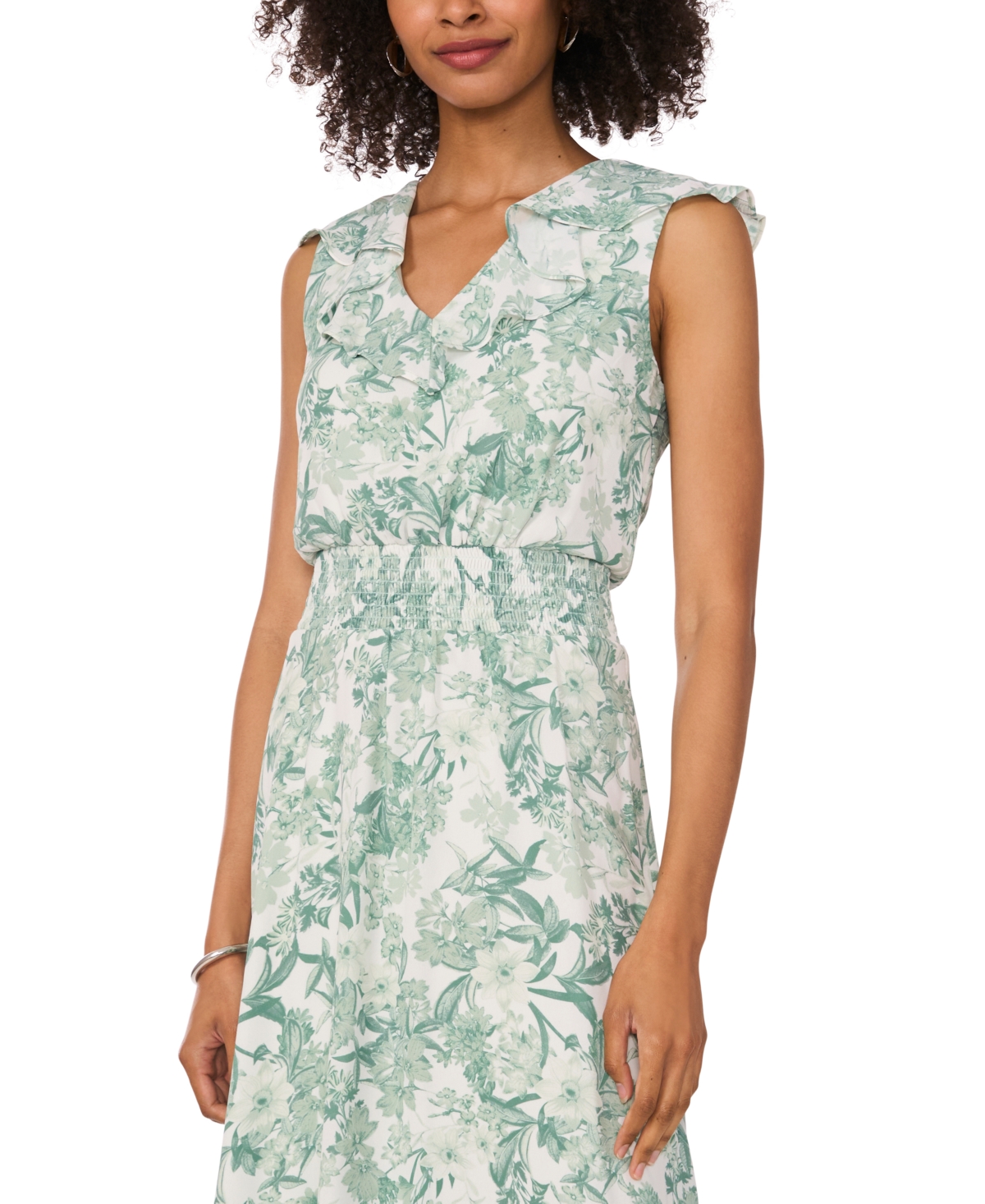 Shop Vince Camuto Women's Ruffled-v-neck Smocked-waist Midi Dress In Brook Green