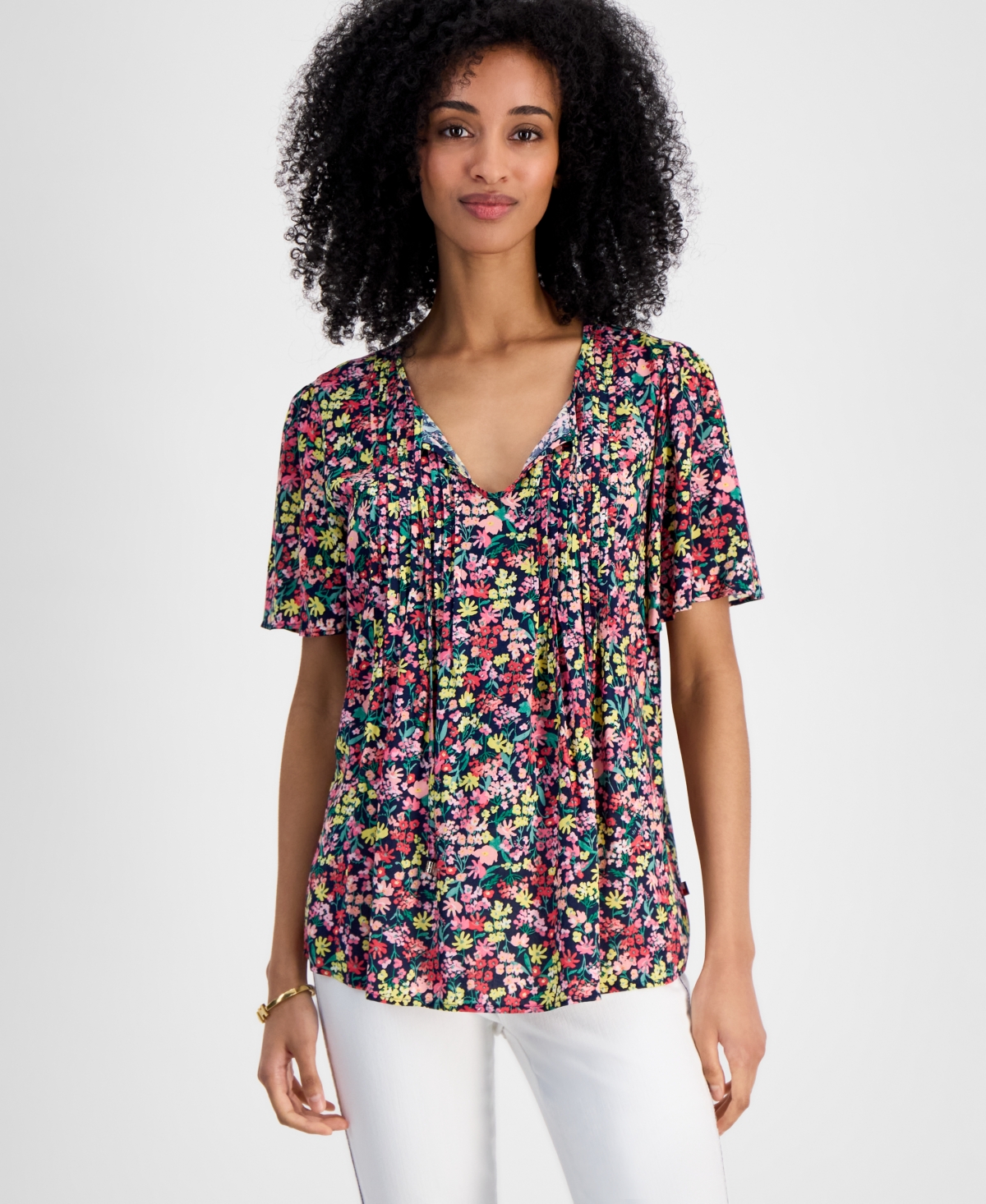 Shop Tommy Hilfiger Women's Pintucked Floral-print Top In Sky Captain Multi