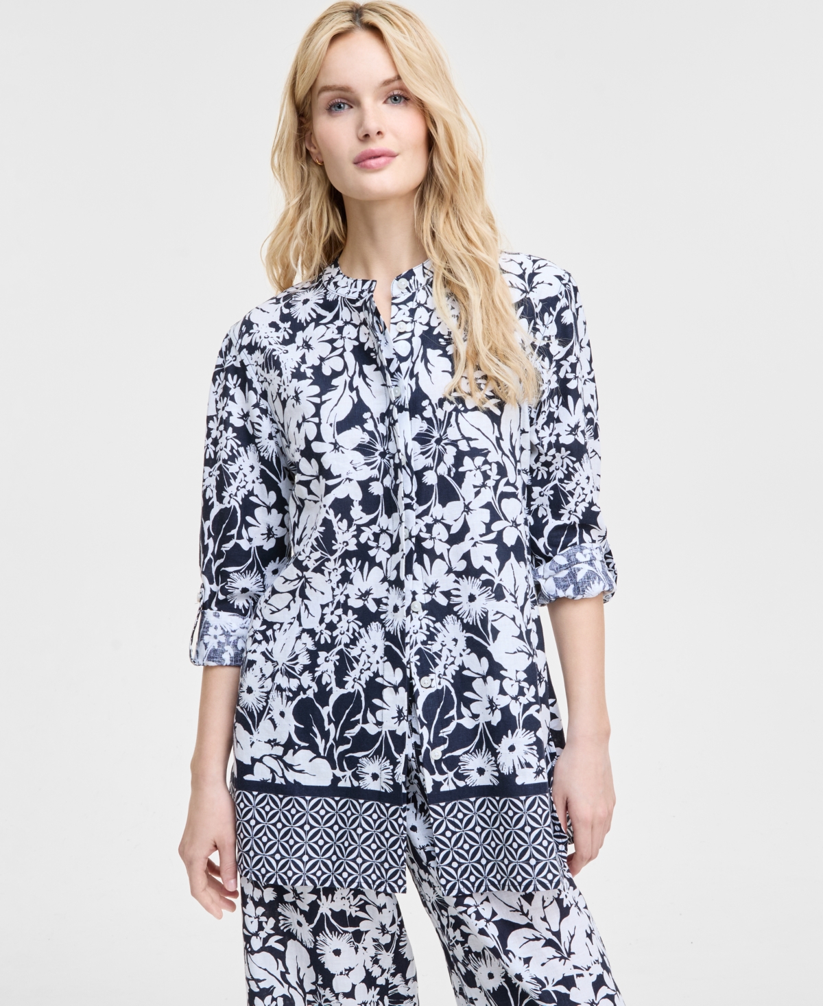 Tommy Hilfiger Women's Printed Long-sleeve Tunic In Sky Captain,bright White