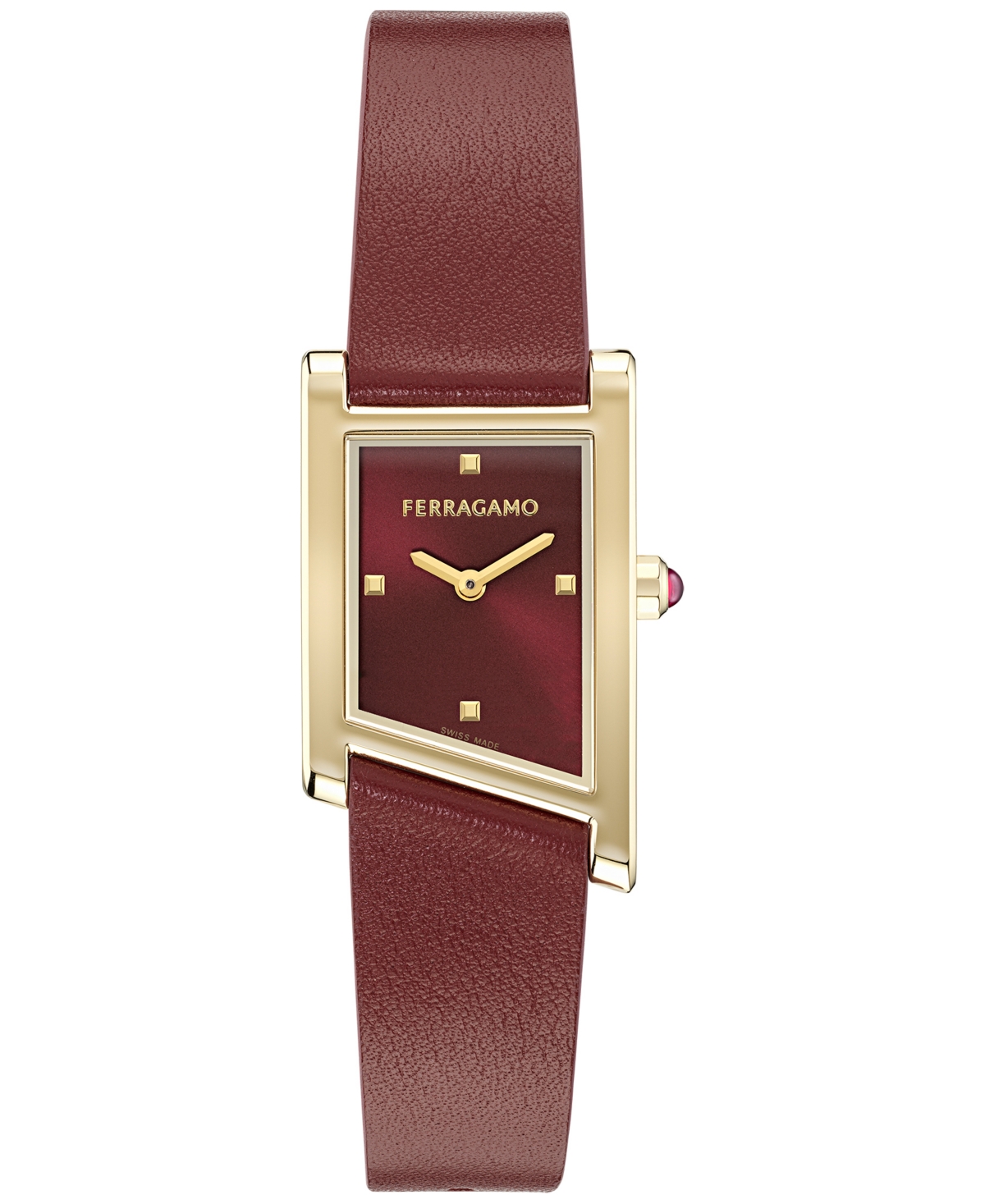 Ferragamo Women's Swiss Asymetrique Burgundy Leather Strap Watch 22x36mm In Gold