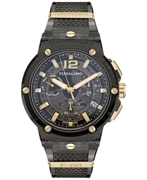 Мужские Ferragamo Men's Swiss Chronograph F-80 Translucent Black Polyurethane Strap Watch 44mm