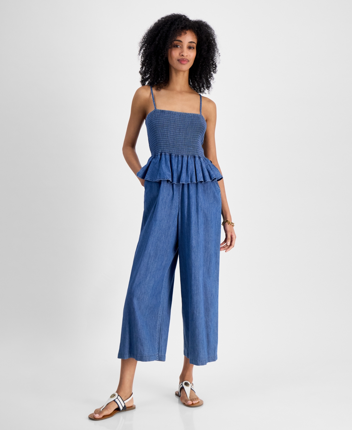 Tommy Hilfiger Women's Chambray Peplum Jumpsuit In Med Benson