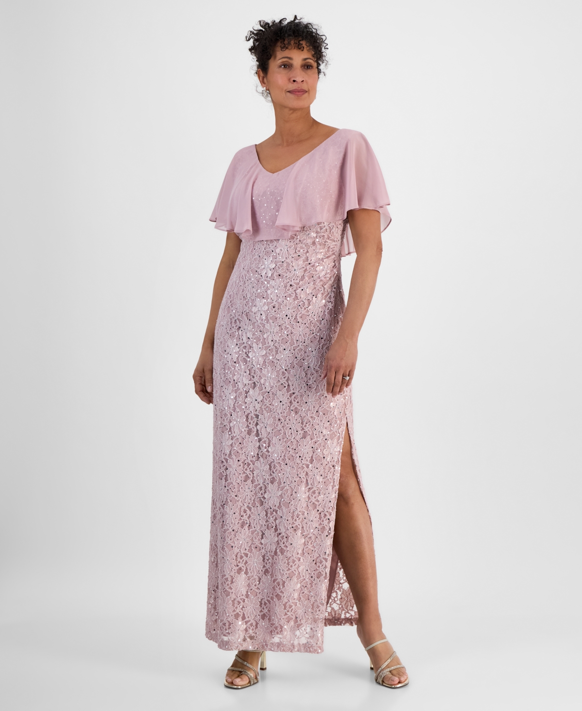 Sequined Lace Chiffon Overlay Gown - Mauve