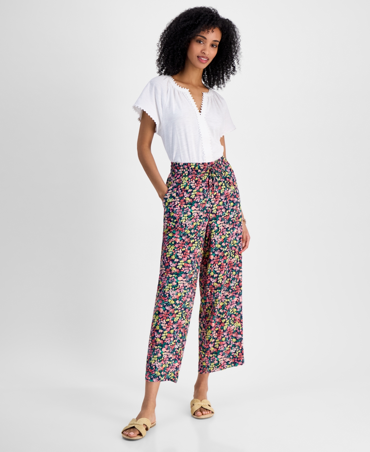 Women's Floral-Print Wide-Leg Pull-On Pants - Sky Captain Multi