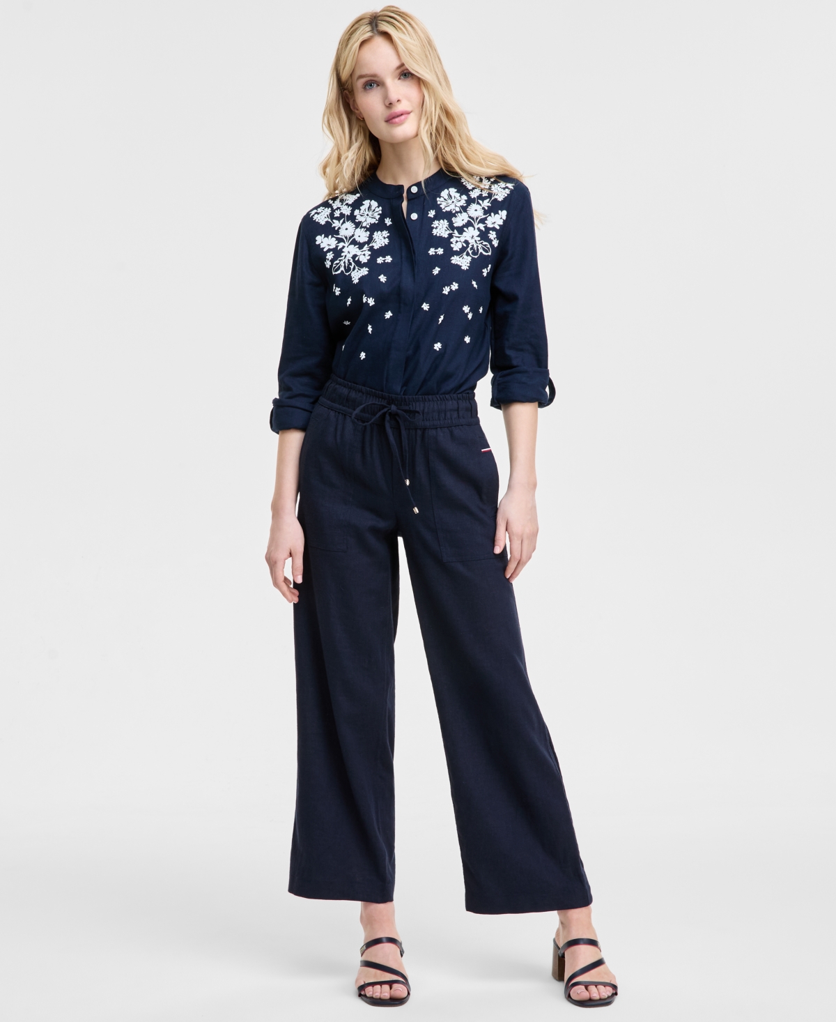 Tommy Hilfiger Womens Floral Puff Print Tunic Wide Leg Pants In Sky Captain