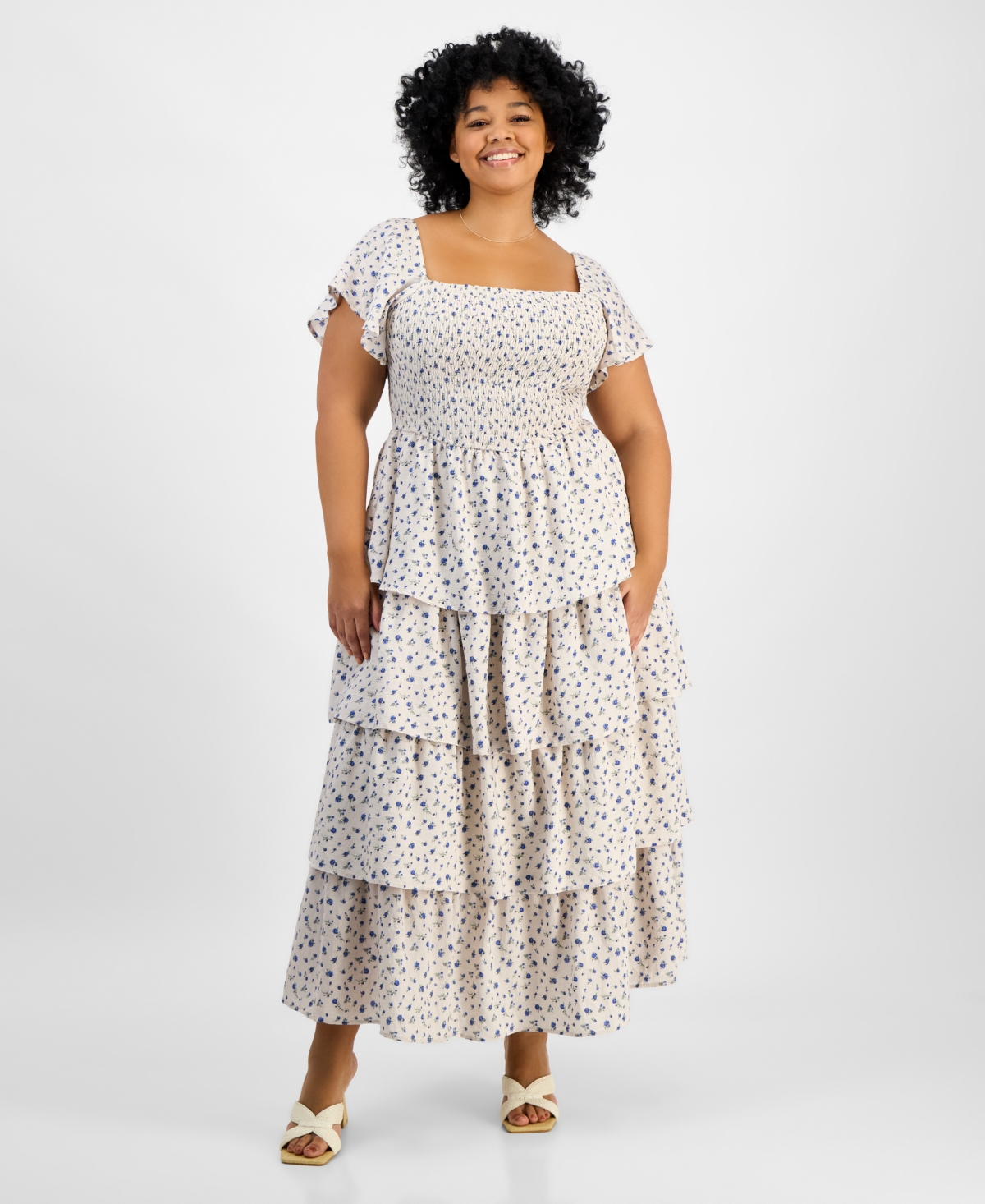 And Now This Trendy Plus Size Tiered Floral Maxi Dress, Exclusively At Macy's In Cream Blue Floral