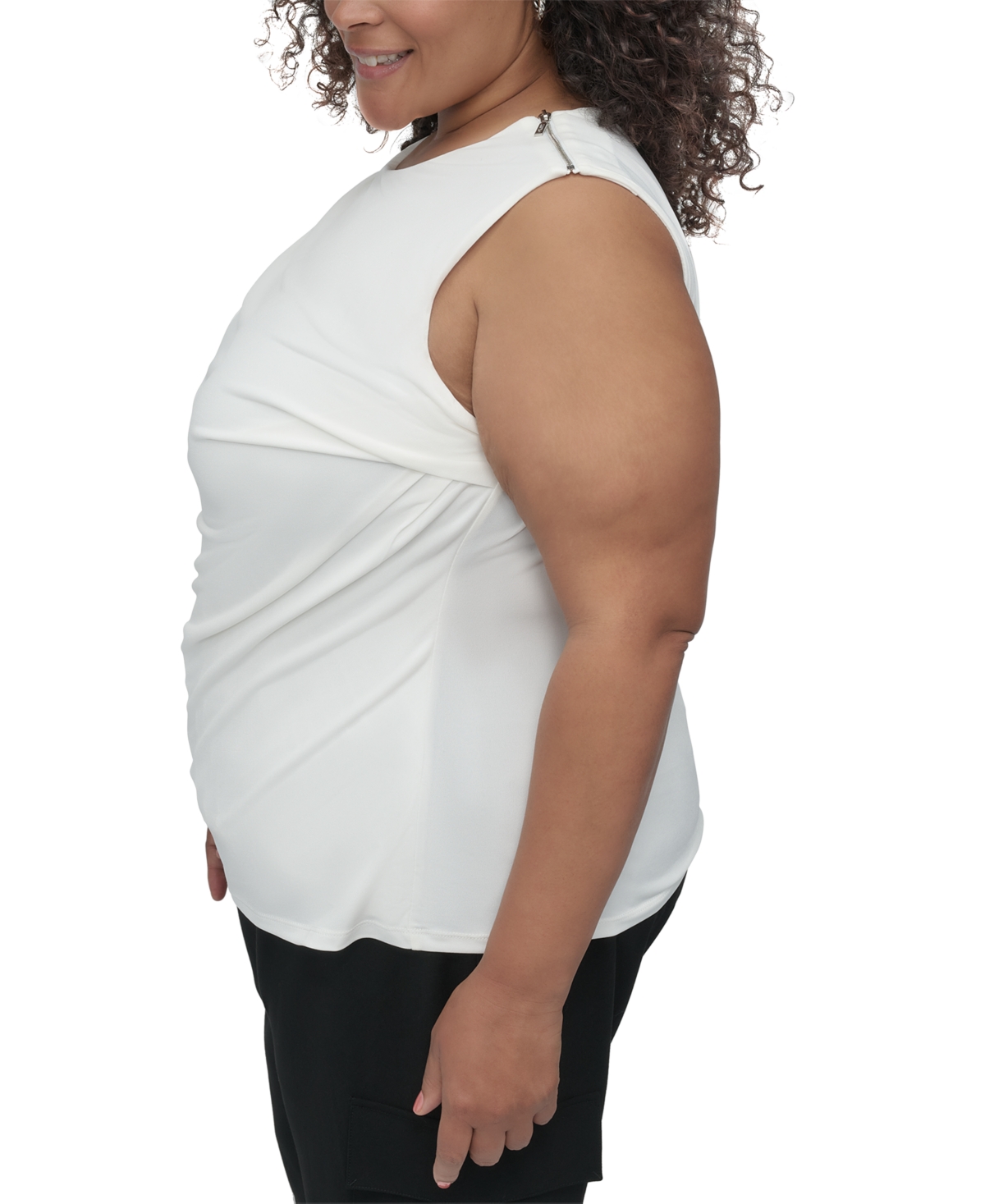Dkny Plus Size Gathered Zip-shoulder Sleeveless Blouse In Ivory