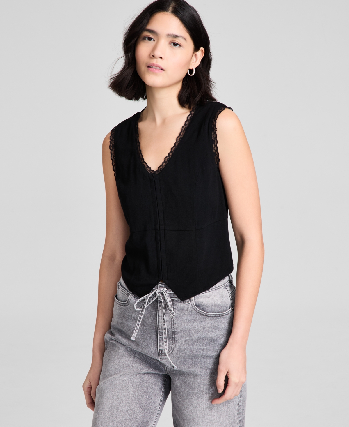 And Now This Women's Lace-trim V-neck Woven Vest, Regular & Petites, Exclusively At Macy's In Black