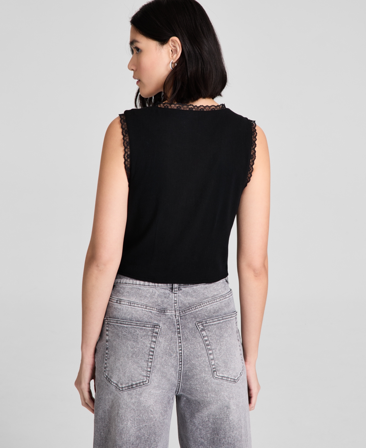 And Now This Women's Lace-trim V-neck Woven Vest, Regular & Petites, Exclusively At Macy's In Black