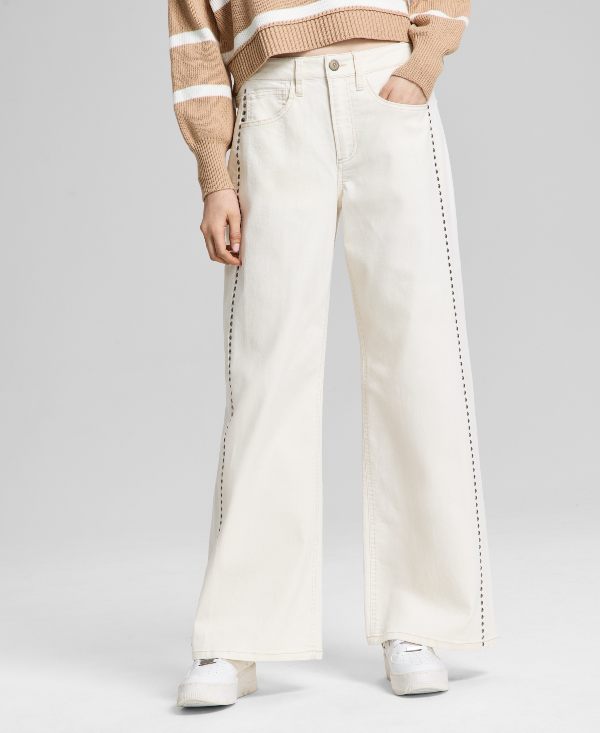 And Now This Women's Studded Wide-leg Jeans, Exclusively At Macy's In Macadamia