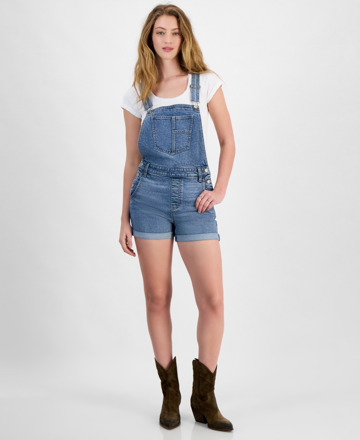 CELEBRITY PINK JUNIORS' ROLL-CUFF DENIM SHORT OVERALLS 