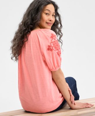 売れ筋商品|||スタイルアンドコー カットソー トップス レディース Plus Size Embroidered Knit Peasant Top, Exclusively at Macy's Medallion Aqua Blue Style & Co Plus Size Embroidered Knit Peasant Top