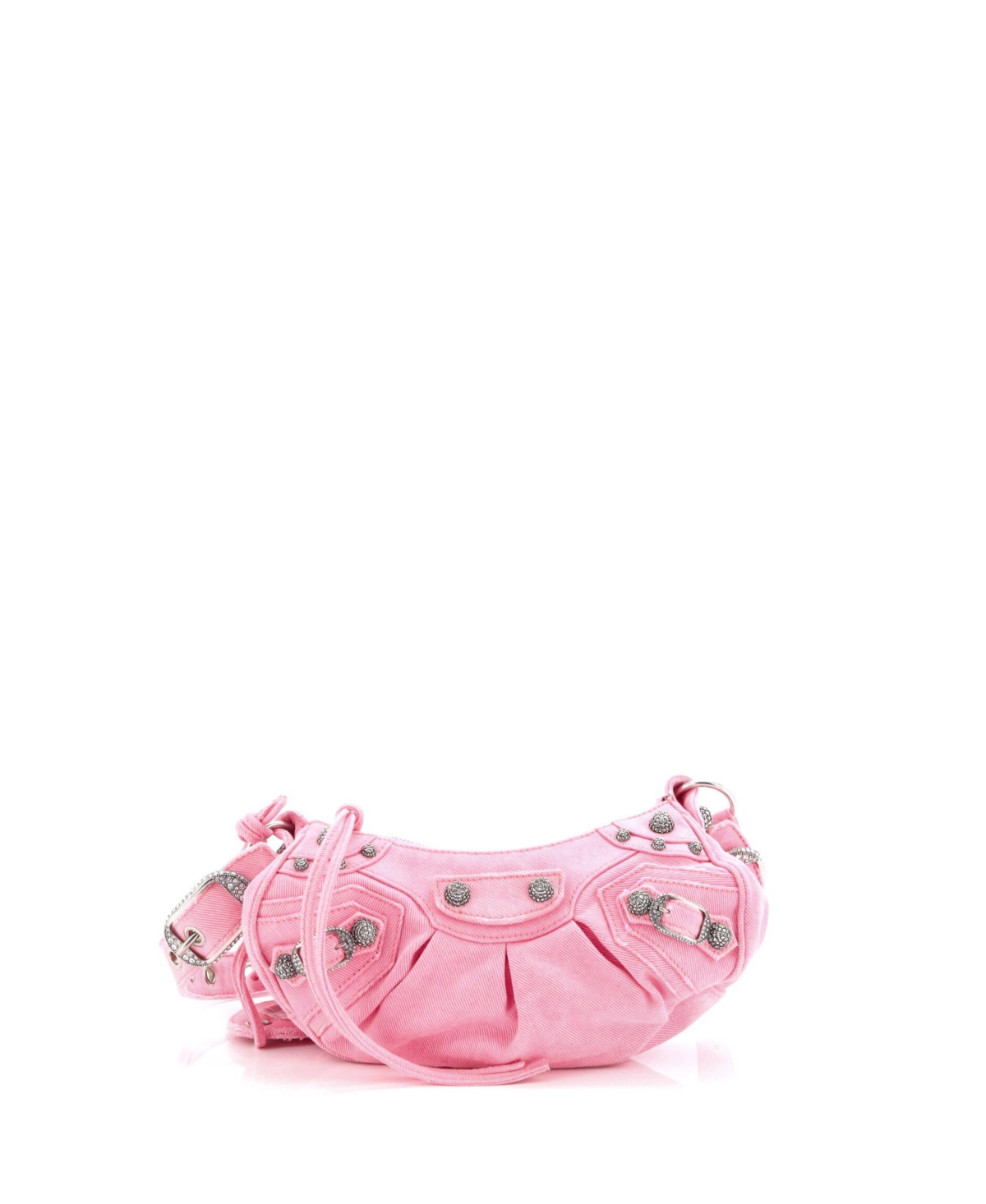 Pre-Owned Balenciaga Xs Le Cagole Giant Studs Shoulder Bag Denim with Crystals - Pink