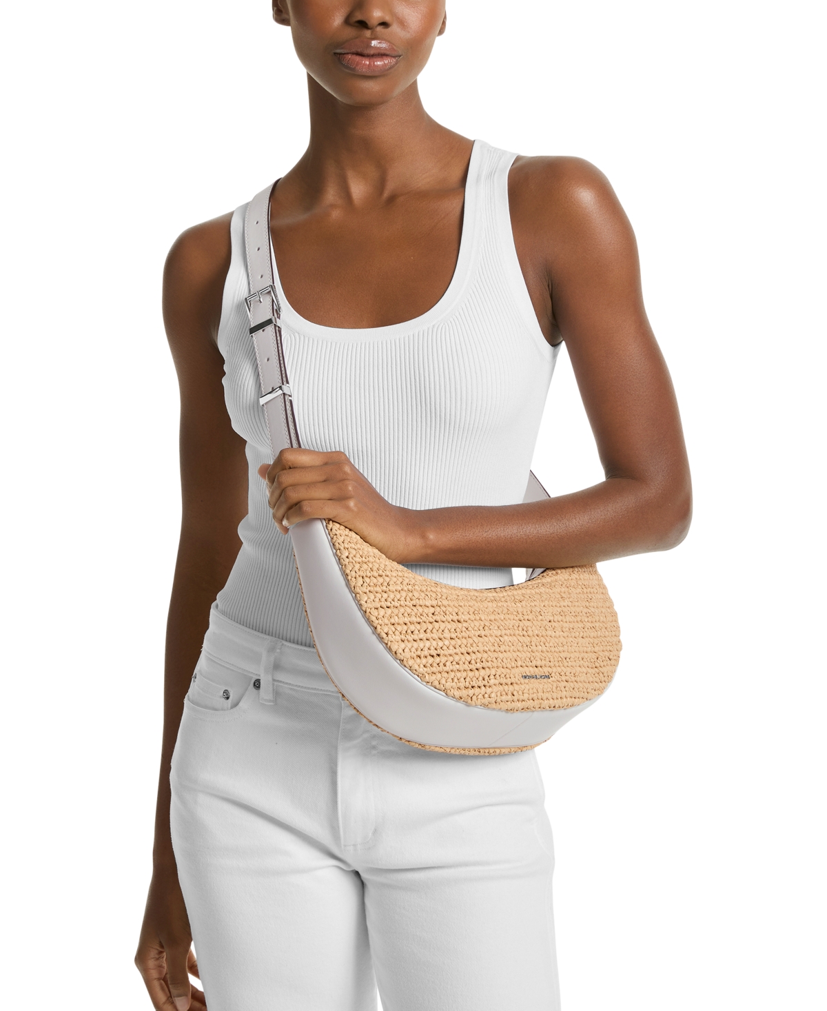 Michael Kors Michael  Avra Medium Convertible Sling Crossbody In Natural,optic White